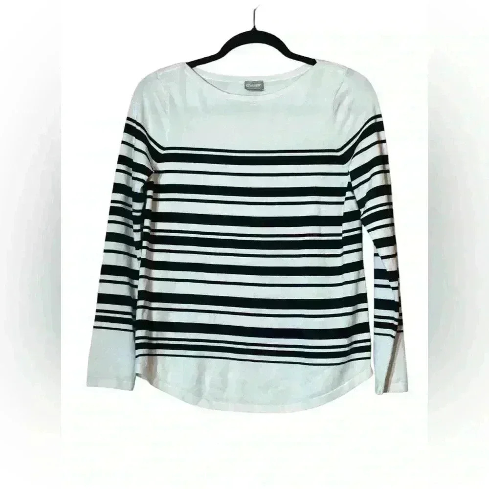 Chicos Black White Stripe Long Sleeved‎ Lightweight Sweater Small Minimalist